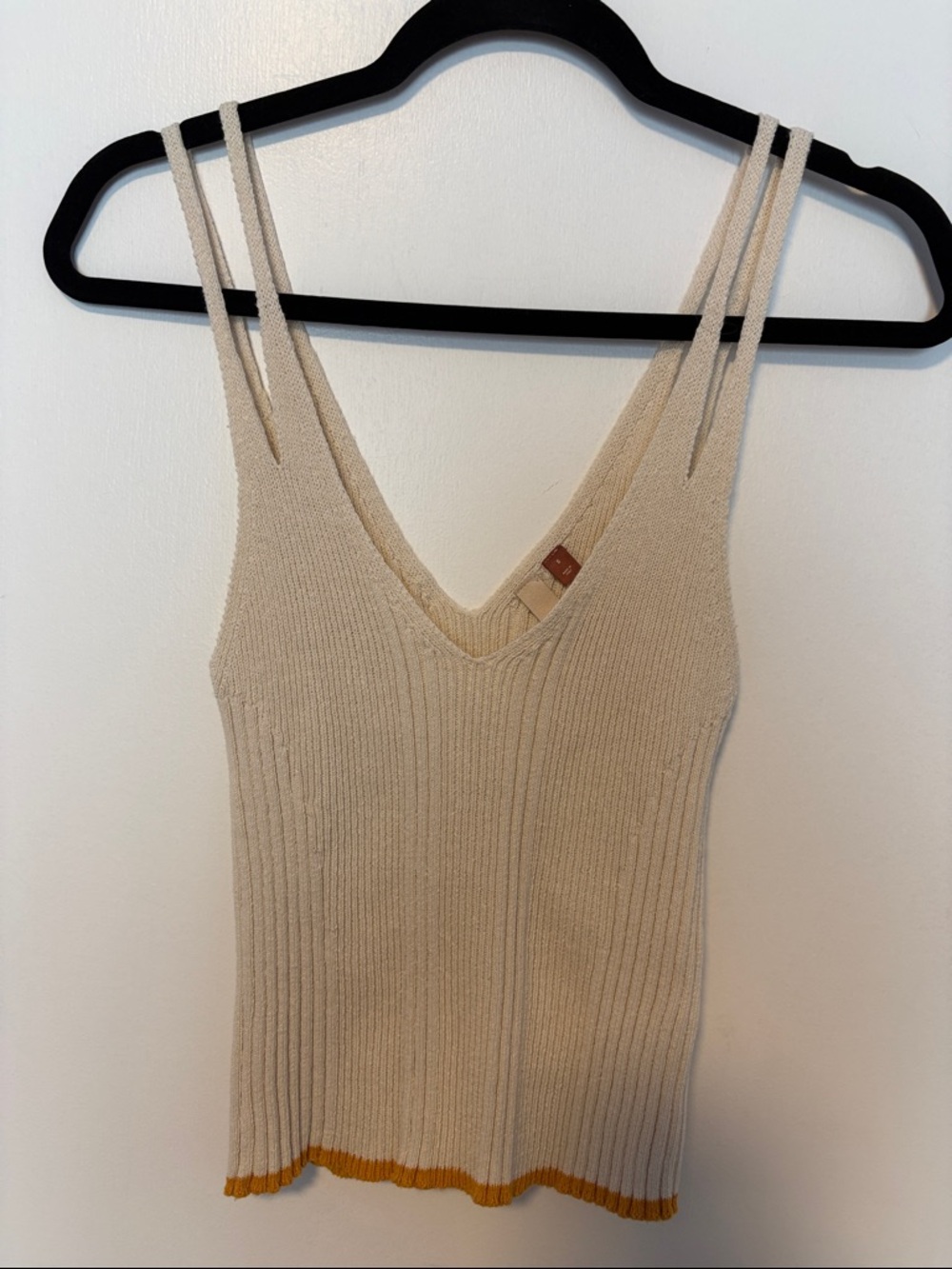 Anthropologie/PilcrRibbed Sm Double-Strap V-Neck Tank Top- Cream w/ Mustard Trim